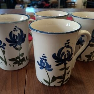 Hand-Painted Blue Floral Ceramic Mugs - Set of 4